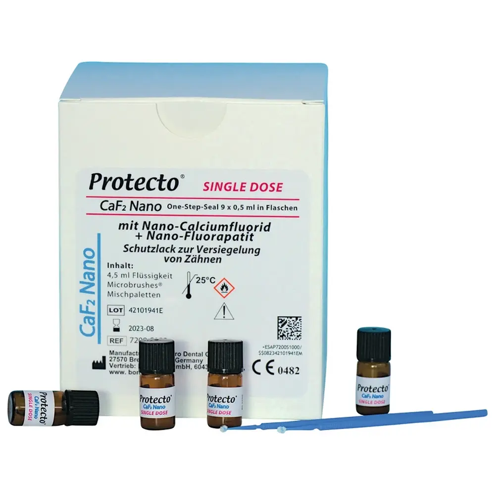 BonaDent Protecto CaF2 Nano - Packung 9 x 0,5 ml Flasche, Mischpaletten, Microbrushes BonaDent Protecto CaF2 Nano - Packung 9 x 0,5 ml Flasche, Mischpaletten, Microbrushes
