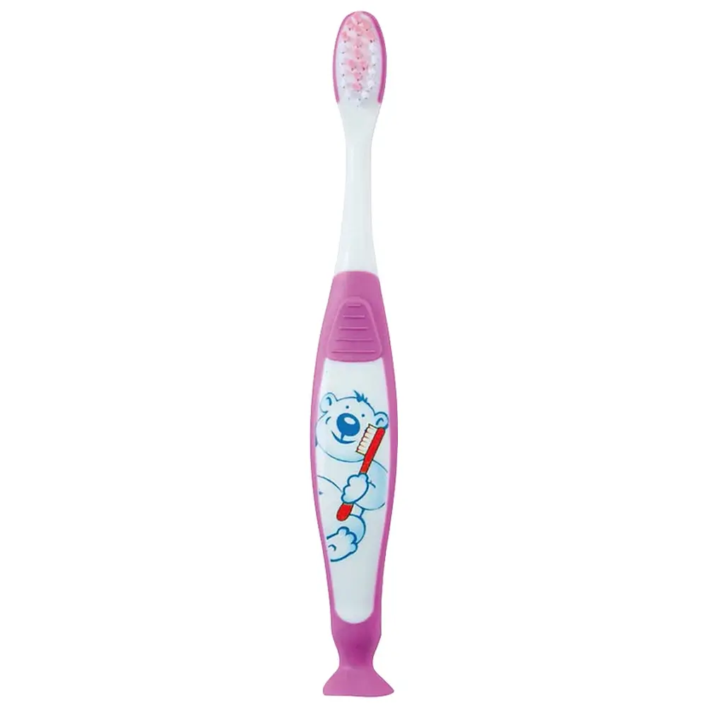 THIENEL Dental Kinderzahnbürste mit Saugfuss - Packung 12 Stück Bär, pink
