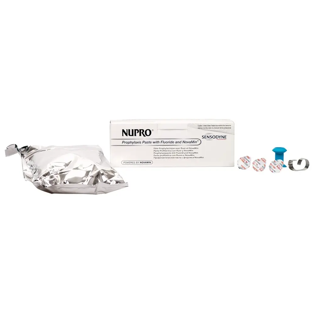 Dentsply Sirona NUPRO® mit NovaMin® - Packung 175 x 1,4 g Polierpaste Orange mit Fluorid, 1 Prophy Grip, 1 Prophy Ring