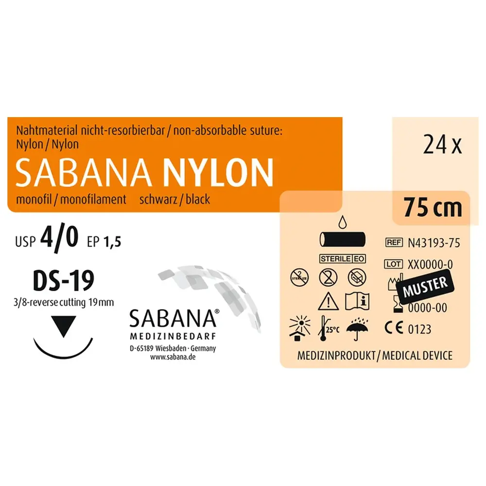 SABANA MEDIZINBEDARF SABANA NYLON - Packung 24 Stück schwarz, 75 cm, DS-19, USP 4/0, Stärke 1,5