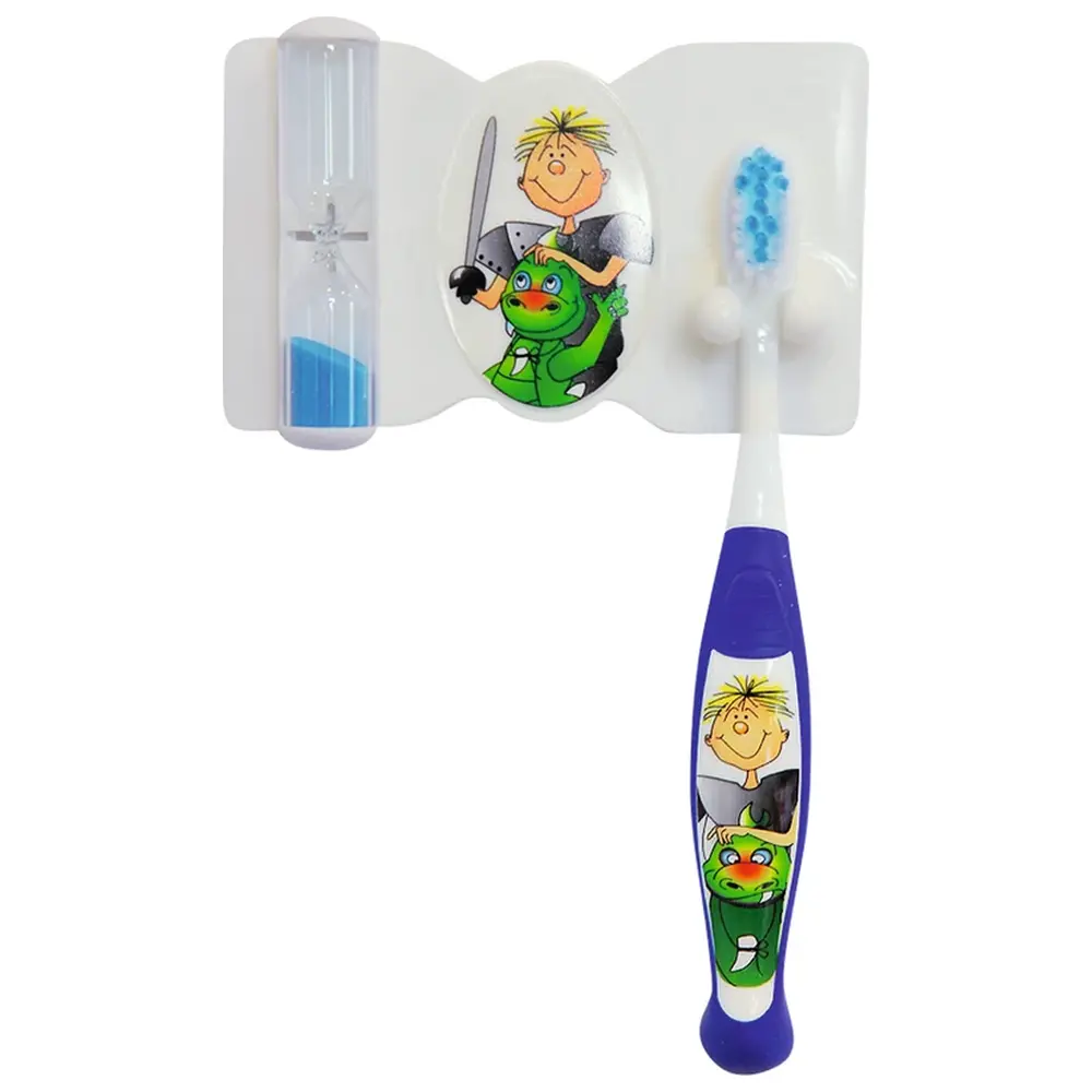 THIENEL Dental Dental Set compact - Packung Ritter (1 Zahnbürste, 1 Zahnbürstenhalter mit Zahnputzuhr) blau