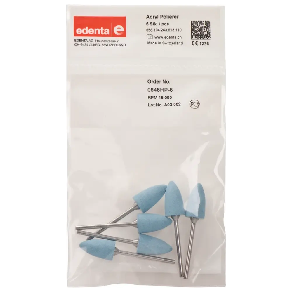Edenta Acrylic Polisher - Packung 6 Stück hellblau, HP, Figur 243, 19,5 mm, ISO 110