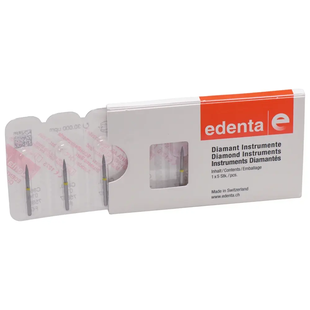 Edenta Diamanten 863 - Packung 5 Stück gelb superfein, FG, Figur 250 Flamme, 10 mm, ISO 014