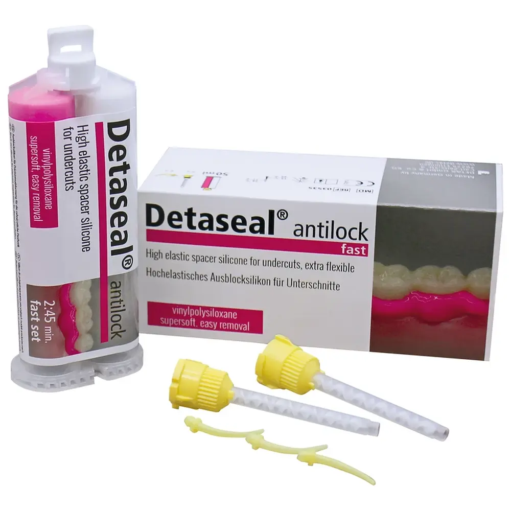 DETAX Detaseal® antilock - Packung 50 ml Base, 50 ml Katalysator, 6 Mischkanülen gelb, 6 Intra-Oral Tips gelb