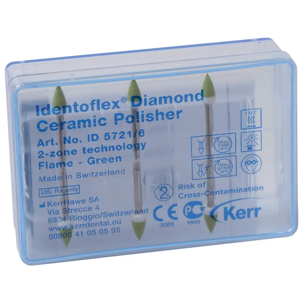 Kerr Identoflex™ Diamant-Keramik-Polierer - Packung 6 Stück grün, RA, Figur Flamme, 9,7 mm, Ø 4,6 mm