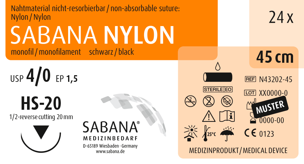 SABANA MEDIZINBEDARF SABANA NYLON - Packung 24 Stück schwarz, 45 cm, HS-20, USP 4/0, Stärke 1,5 SABANA MEDIZINBEDARF SABANA NYLON - Packung 24 Stück schwarz, 45 cm, HS-20, USP 4/0, Stärke 1,5