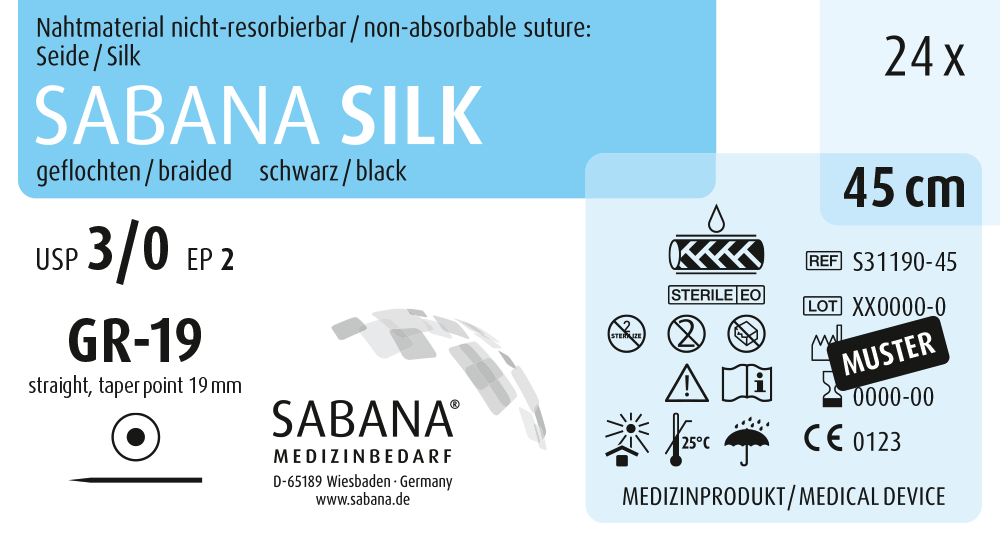 SABANA MEDIZINBEDARF SABANA SILK - Packung 24 Stück schwarz, 45 cm, GR-19, USP 3/0, Stärke 2