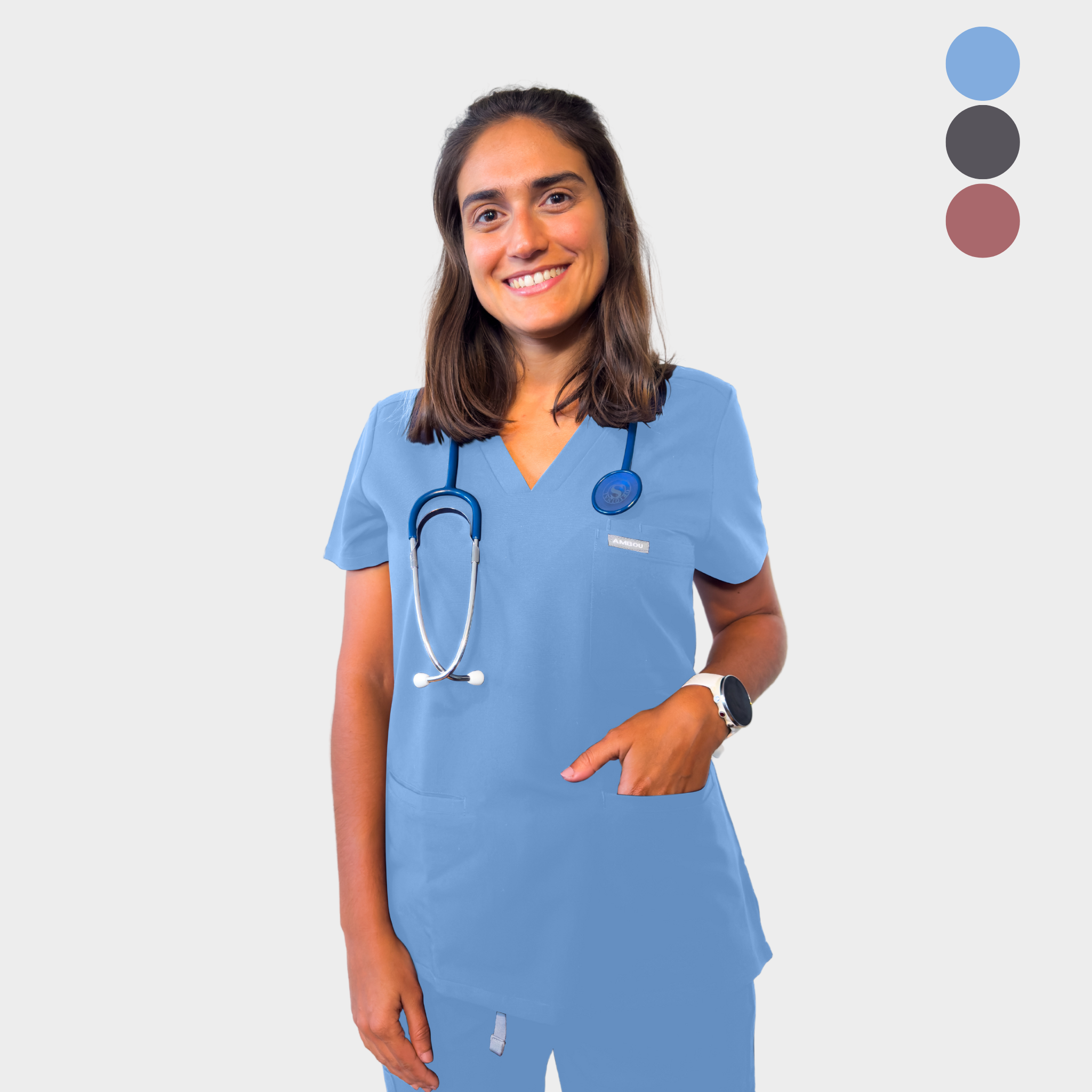 Kasack Oberteil – Ambou Artemis Agility, 5 Taschen, V-Ausschnitt, 4XL, Ceil Blue, für Damen, klassische Passform, AMBOUx Technologie