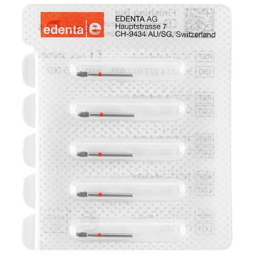 Edenta HM-Finierer TC379 - Packung 5 Stück rot, 12 Schneiden, FG, Figur 277 Eiform, 4,2 mm, ISO 023