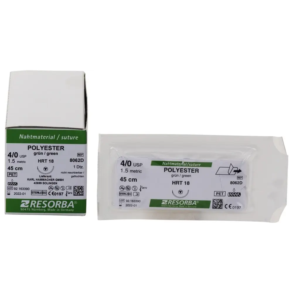 Resorba Medical RESORBA® Polyester - Packung 12 Stück, grün, 45 cm, HRT 18, USP 4/0