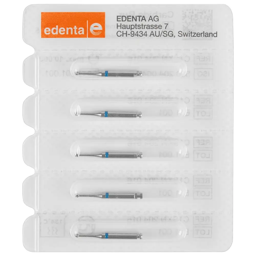 Edenta HM-Bohrer C1SXN - Packung 5 Stück Kreuzverzahnung blau, RA, Figur 004 ISO 016