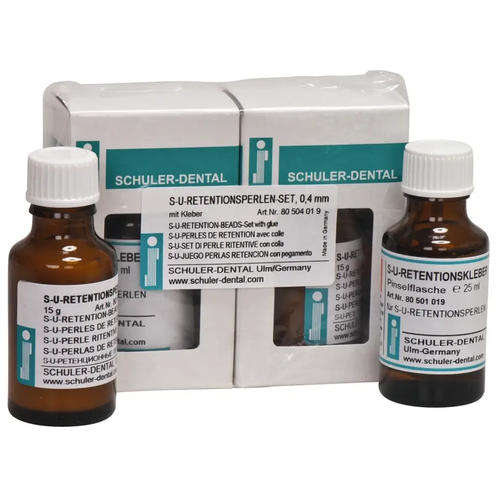 SCHULER-DENTAL S-U-Retentionsperlen - Set 15 g Retentionsperlen Ø 0,4 mm, 15 ml Retentionskleber