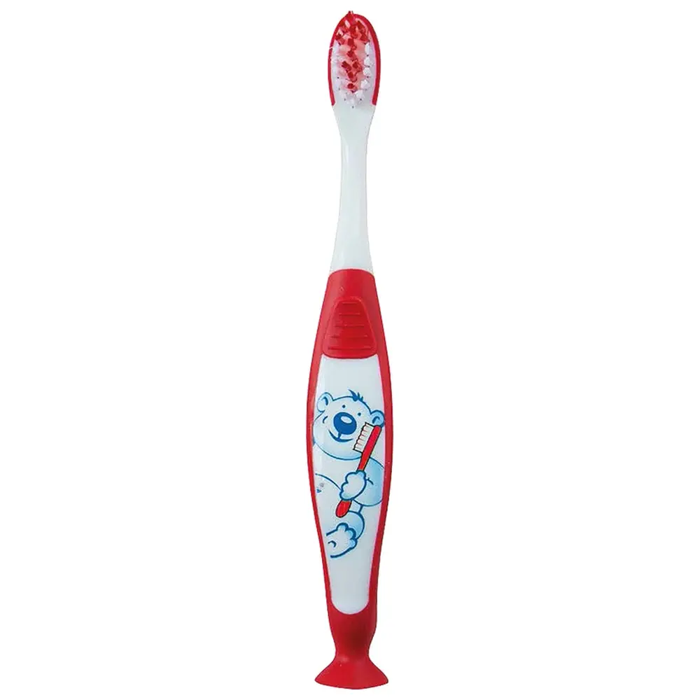 THIENEL Dental Kinderzahnbürste mit Saugfuss - Packung 12 Stück Bär, rot