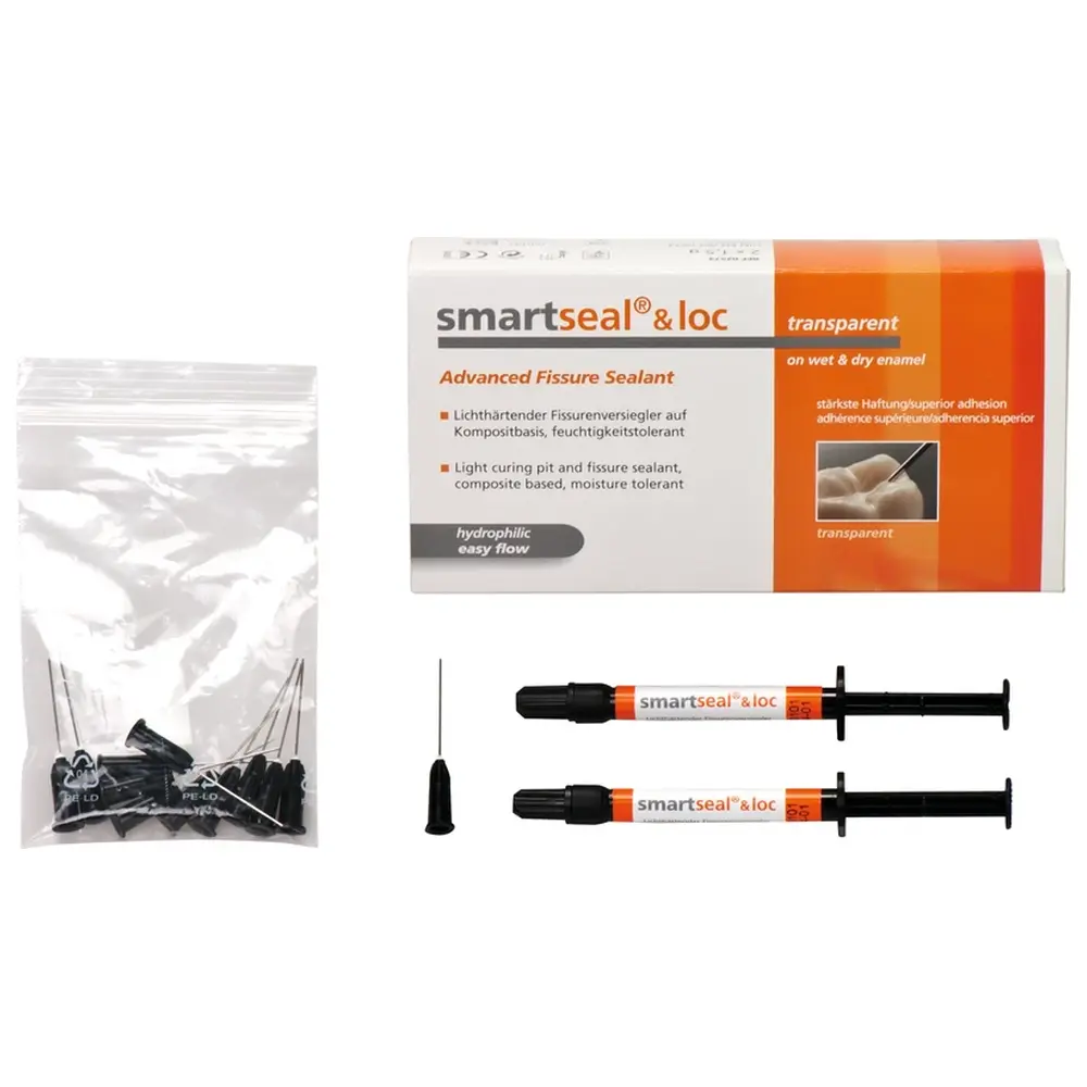 DETAX smartseal® & loc / F - Standardpackung 2 x 1,5 g Spritze ohne Fluorid, transparent, 12 Nadeln schwarz