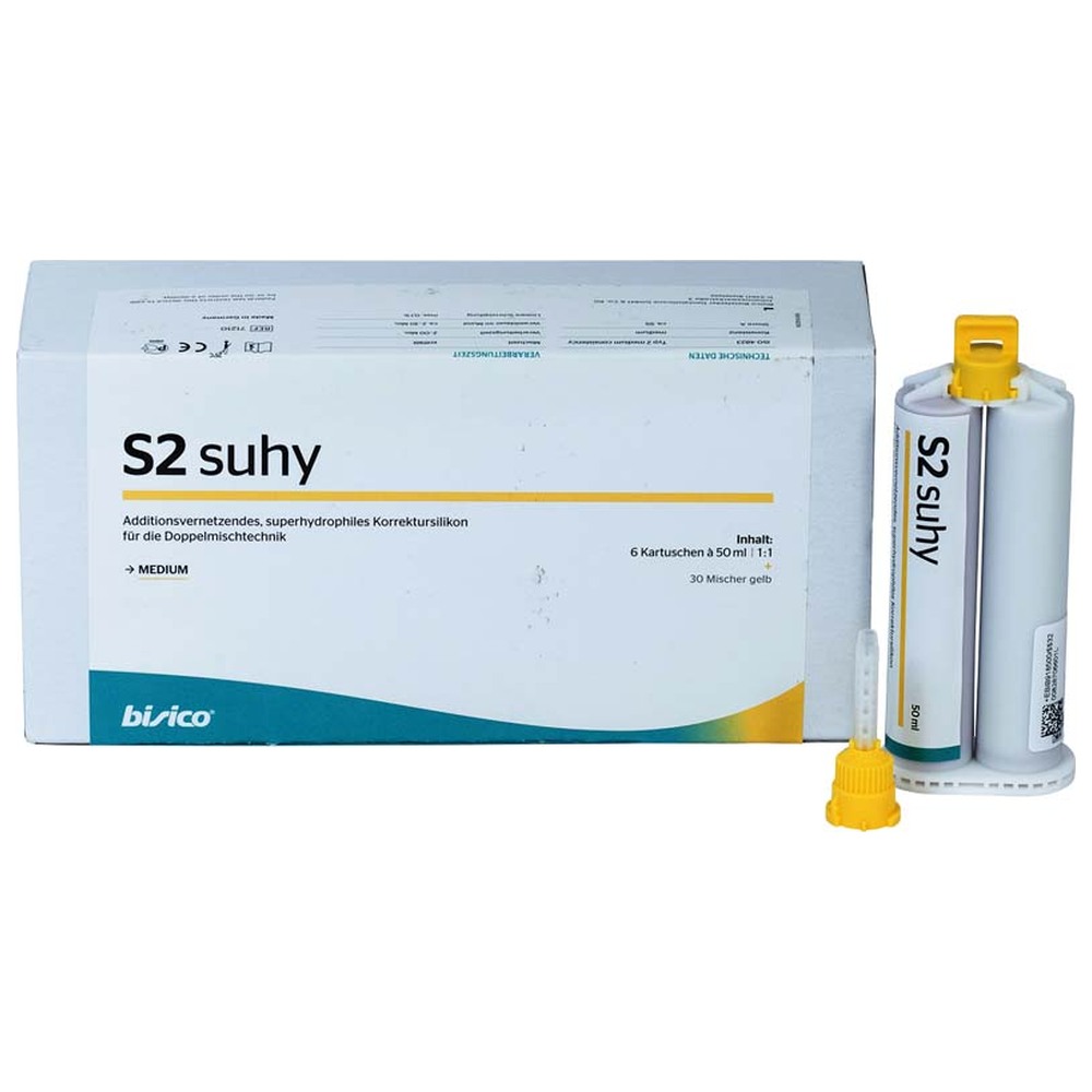 bisico S2 suhy - Packung 6 x 50 ml Doppelkartusche medium, 30 Mischer gelb