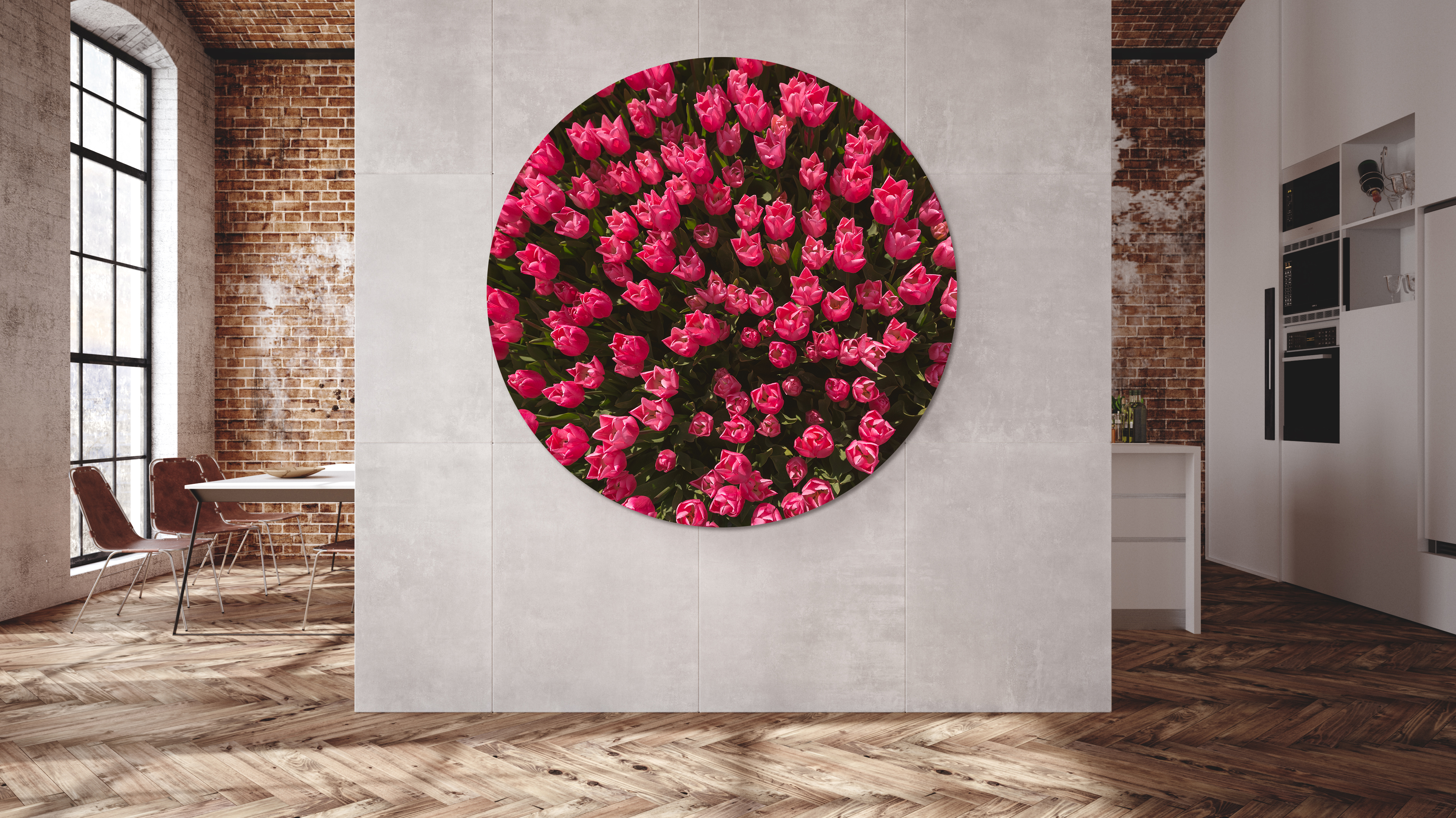 Akustikbild Rund – Schallabsorberklasse A, Öko-TEX®100, 55 mm Bautiefe, Brandschutzklasse B1, Digitaldruck, individuelles Motiv,
