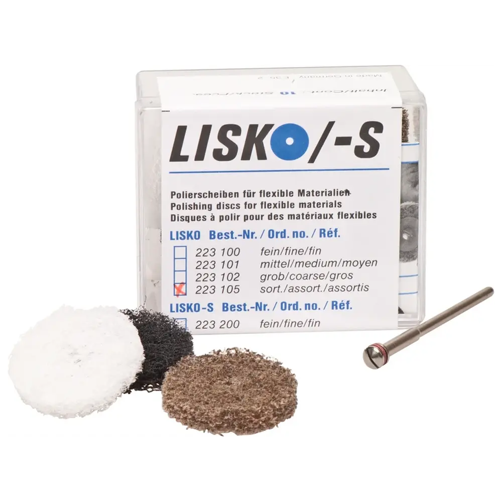ERKODENT LISKO Polierer - Packung 10 Stück (4 x weiß, 4 x grau, 2 x braun), unmontiert, 4 Stützscheiben, 1 Mandrell