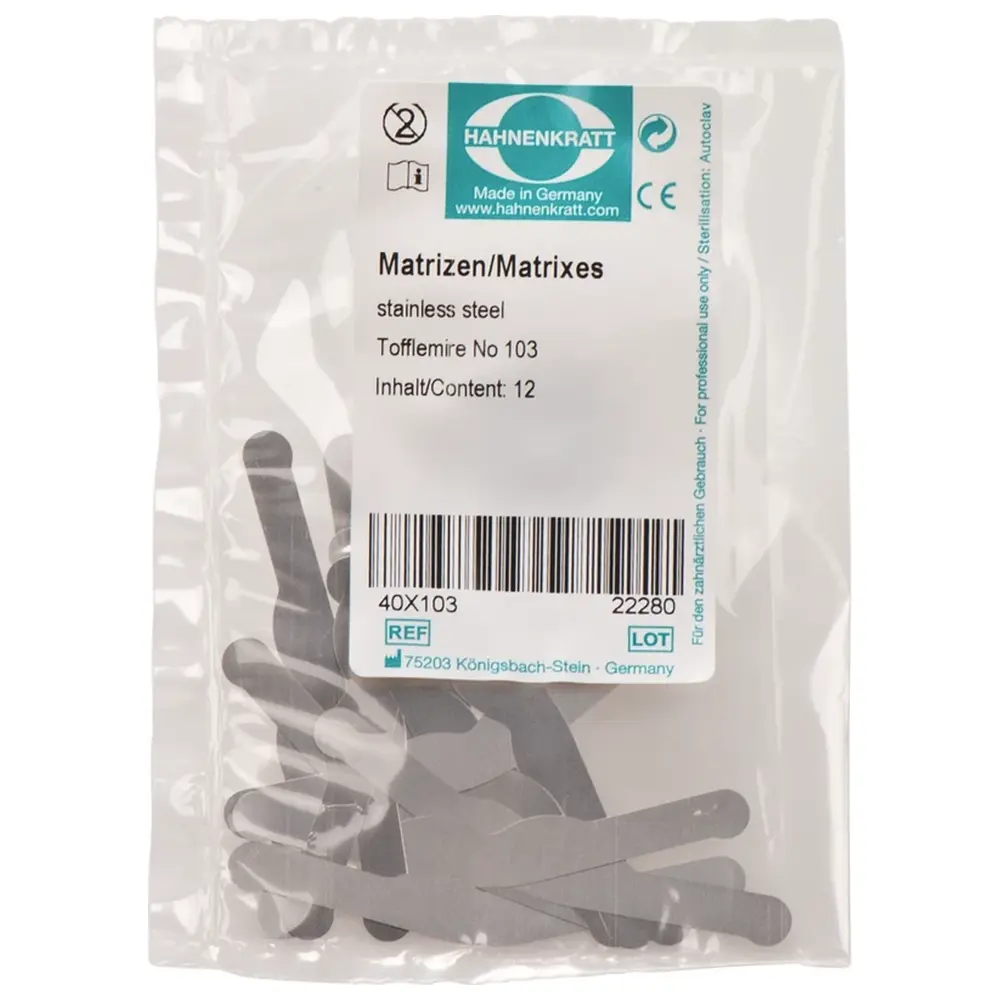 HAHNENKRATT Matrizen nach Tofflemire - Packung 12 Stück Stärke 0,04 mm Nr. 103 HAHNENKRATT Matrizen nach Tofflemire - Packung 12 Stück Stärke 0,04 mm Nr. 103