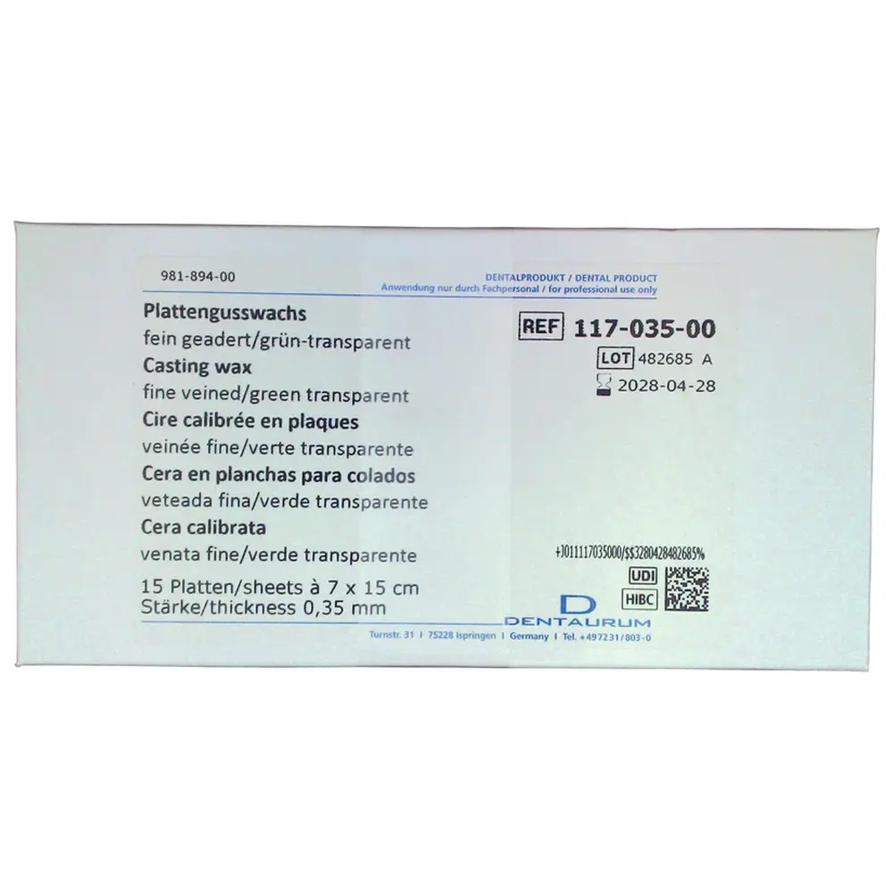 Dentaurum Plattenwachs - Packung 15 Stück Standard, grün, fein geadert, 0,35 mm