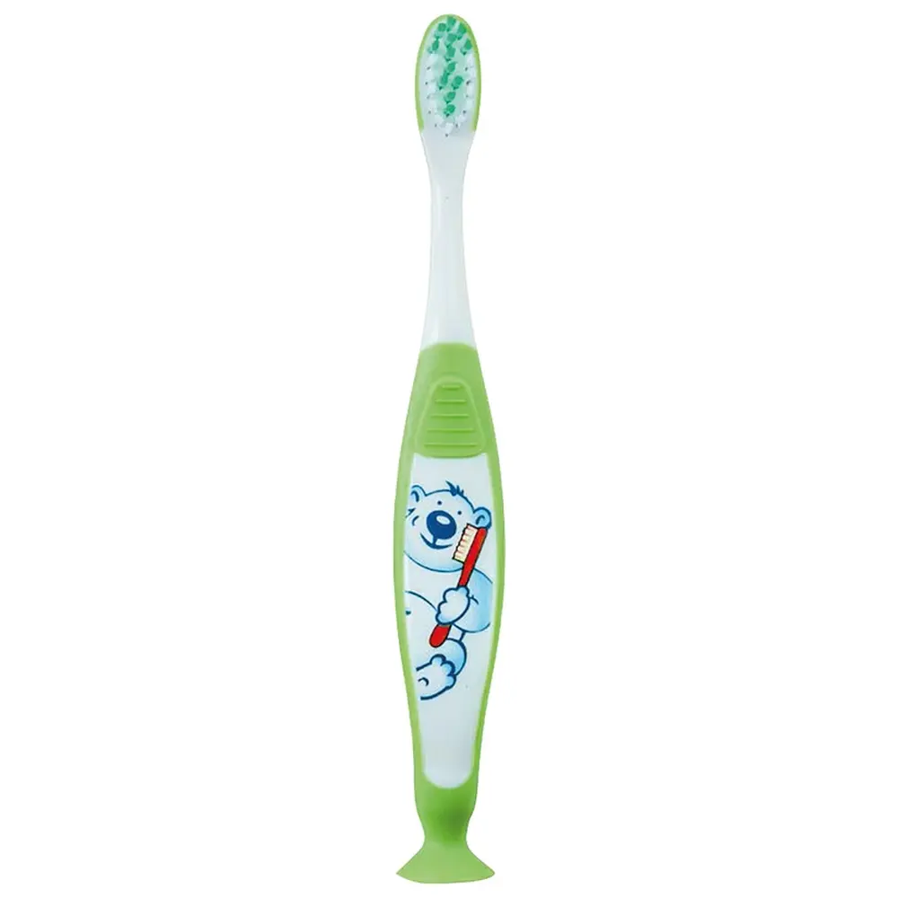 THIENEL Dental Kinderzahnbürste mit Saugfuss - Packung 12 Stück Bär, grün