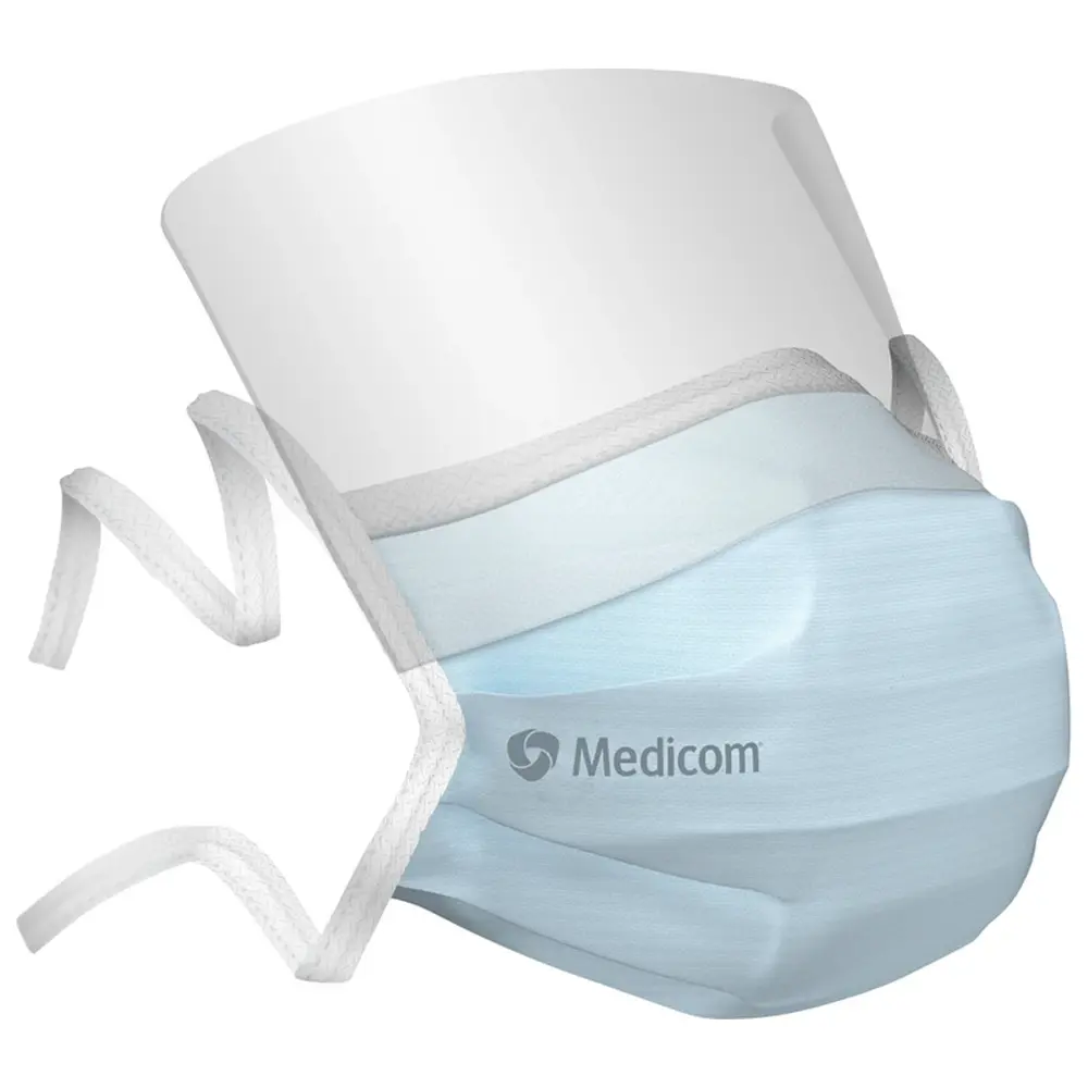 Medicom® SafeMask® SofSkin® fog-free medizinischer Mundschutz - Packung 25 Stück blau, mit Visier, mit Bindebändern