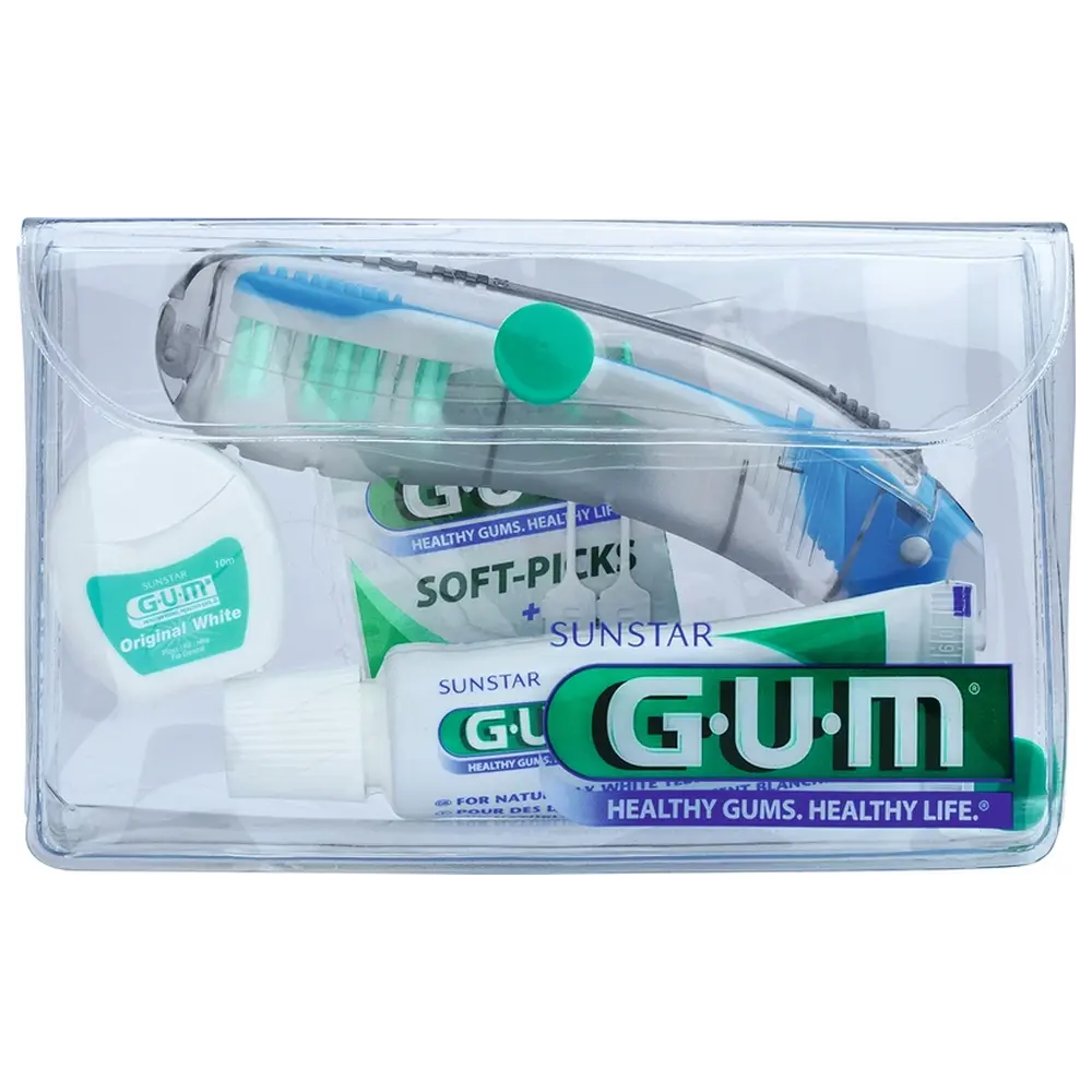 SUNSTAR Deutschland GUM® Original White Reiseset - Set Zahnbürste, 12 ml Zahnpasta, 10 m Zahnseide, 2 Interdentalreiniger