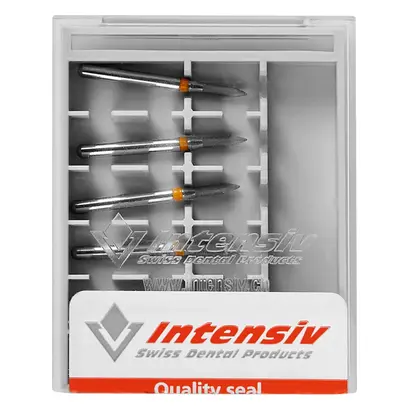 INTENSIV SA Diamanten 860 - Packung 6 Stück orange ultra fein, FG, Figur 247 Flamme zylindrisch kurz, 5 mm, ISO 011