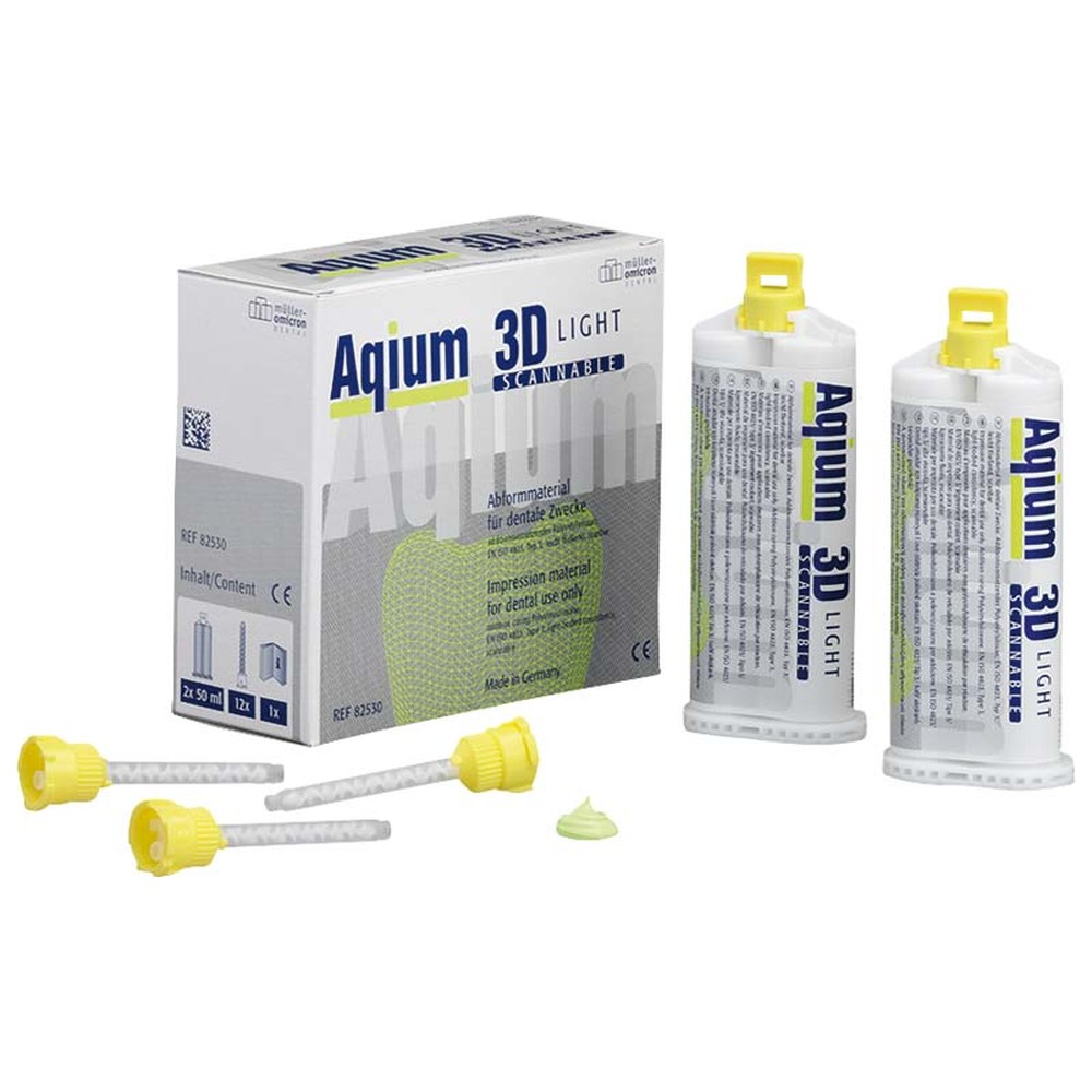 Müller-Omicron Aqium® 3D LIGHT - Packung 2 x 50 ml Doppelkartusche, 6 Mixing Tips NT gelb Müller-Omicron Aqium® 3D LIGHT - Packung 2 x 50 ml Doppelkartusche, 6 Mixing Tips NT gelb