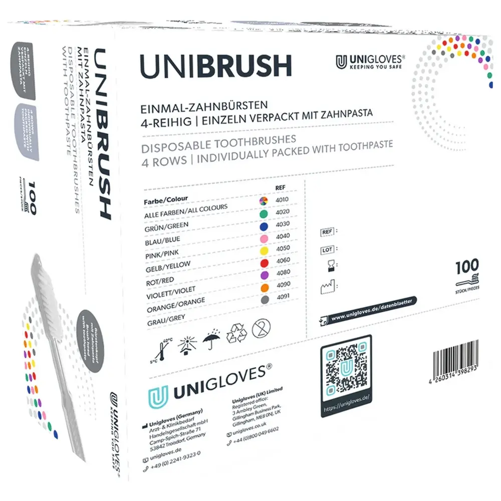 Unigloves UNIBRUSH Einmal Zahnbürsten - Box 100 Stück bunt sortiert Unigloves UNIBRUSH Einmal Zahnbürsten - Box 100 Stück bunt sortiert
