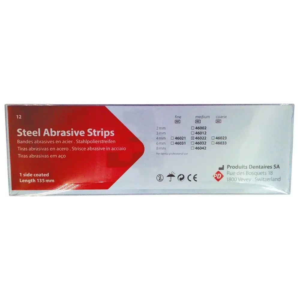 124213_Polierstreifen__Packung_12_Stueck_einseitig_4_mm_breit_Staerke_015_mm_mittel Produits Dentaires Polierstreifen - Packung 12 Stück einseitig, 4 mm breit, Stärke 0,15 mm, mittel