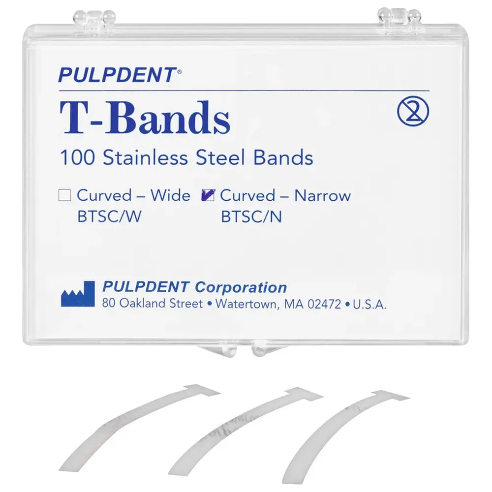 42723_PCA_TBands__Packung_100_Stueck_schmal_gebogen_Stahl PULPDENT PCA T-Bands - Packung 100 Stück schmal, gebogen, Stahl