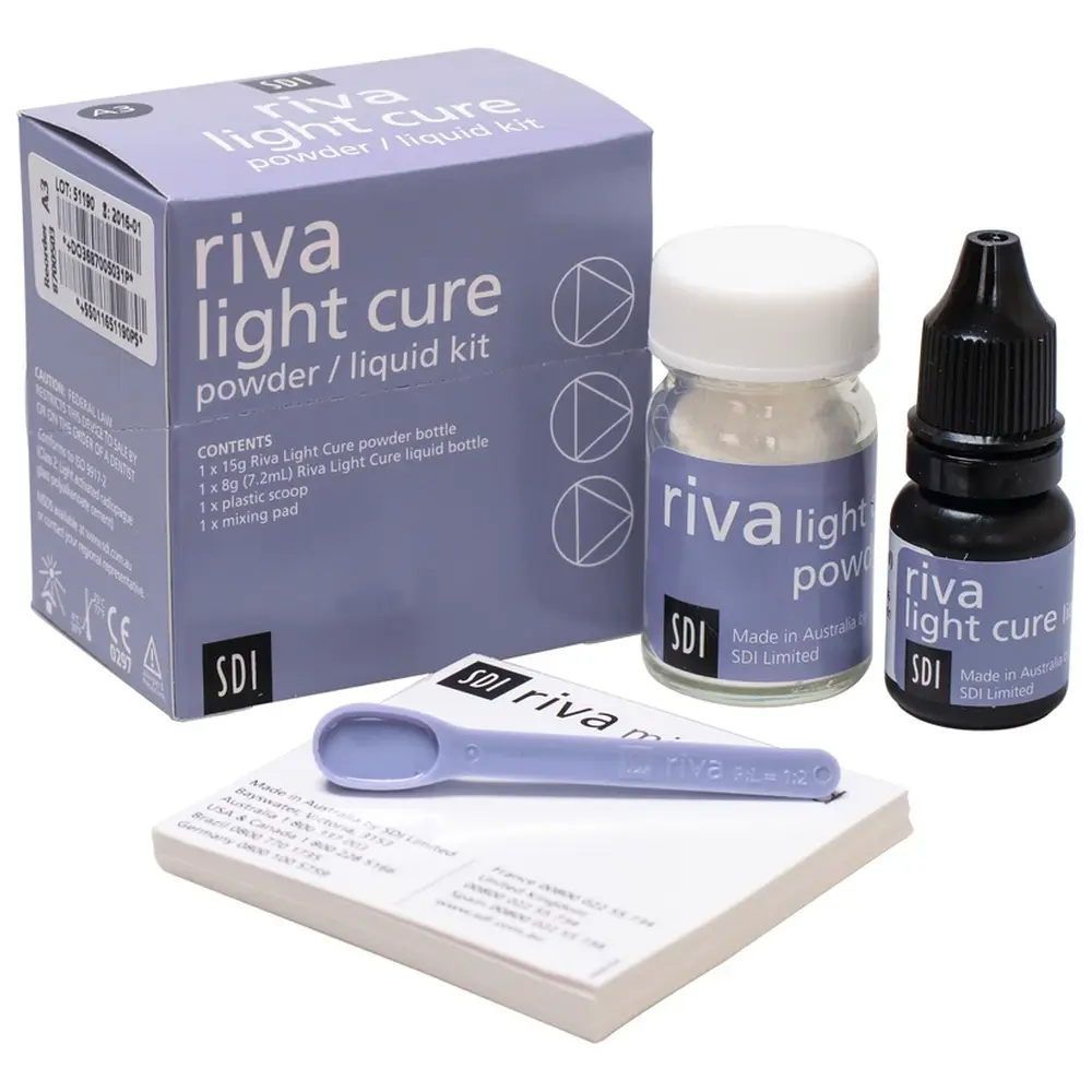 SDI riva light cure - Packung 15 g Pulver A3, 8 g Liquid, Zubehör