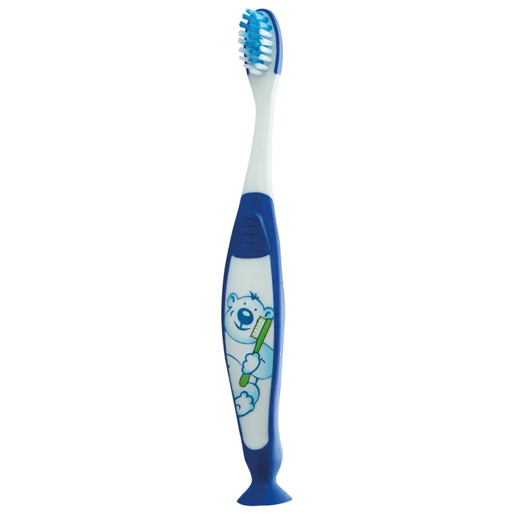 THIENEL Dental Kinderzahnbürste mit Saugfuss - Packung 12 Stück Bär, blau