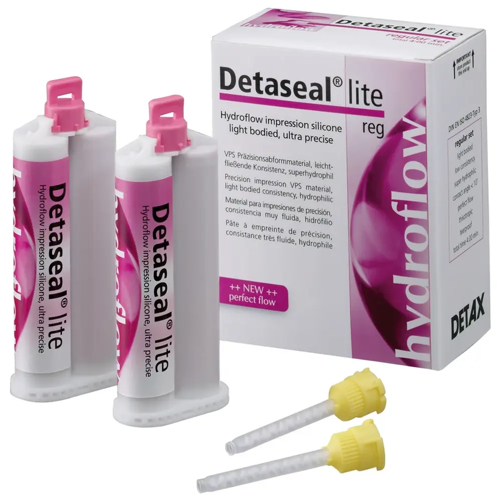 DETAX Detaseal® hydroflow lite - Standardpackung 2 x 50 ml Doppelkartusche fast, 12 Mischkanülen gelb