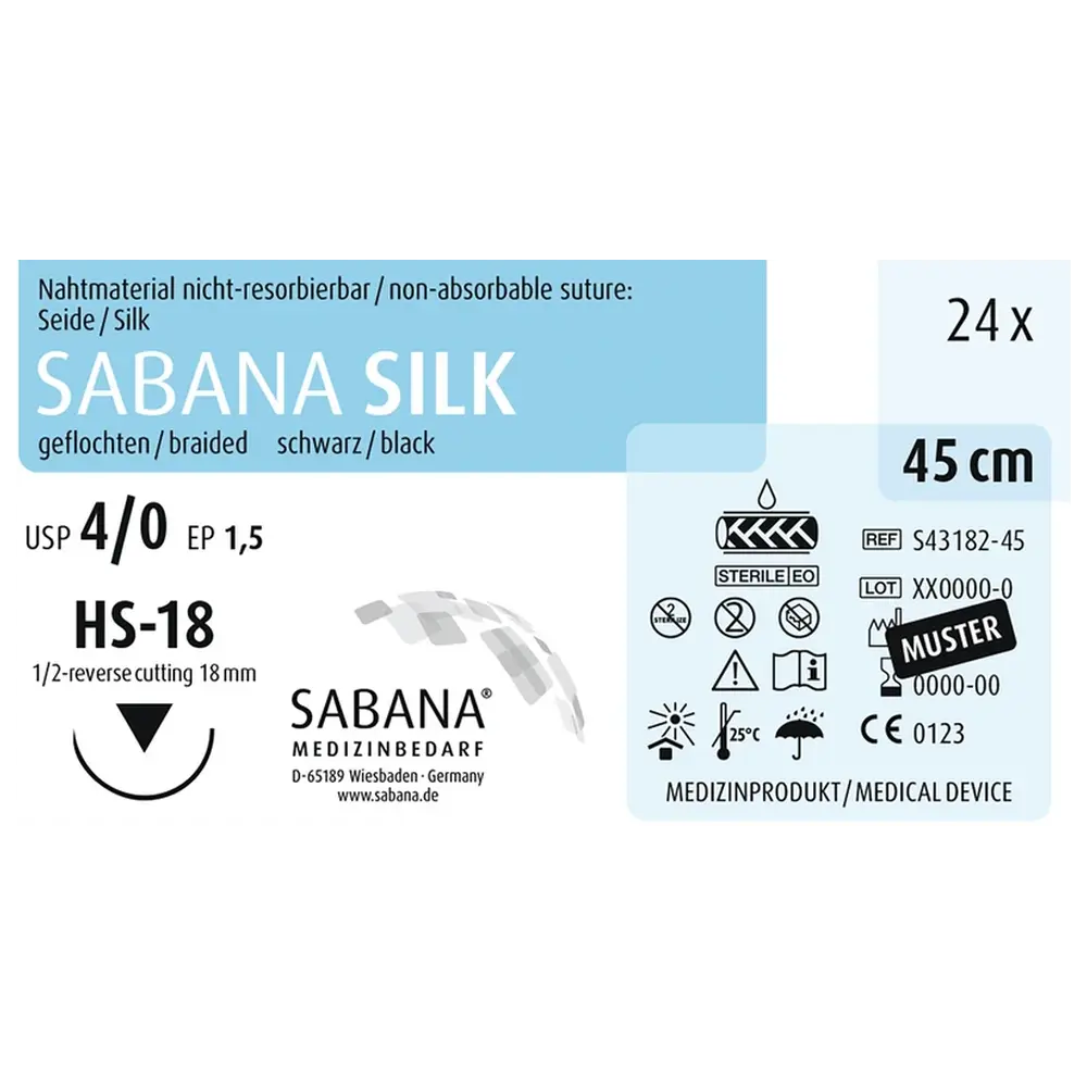 SABANA MEDIZINBEDARF SABANA SILK - Packung 24 Stück schwarz, 45 cm, HS-18, USP 4/0, Stärke 1,5