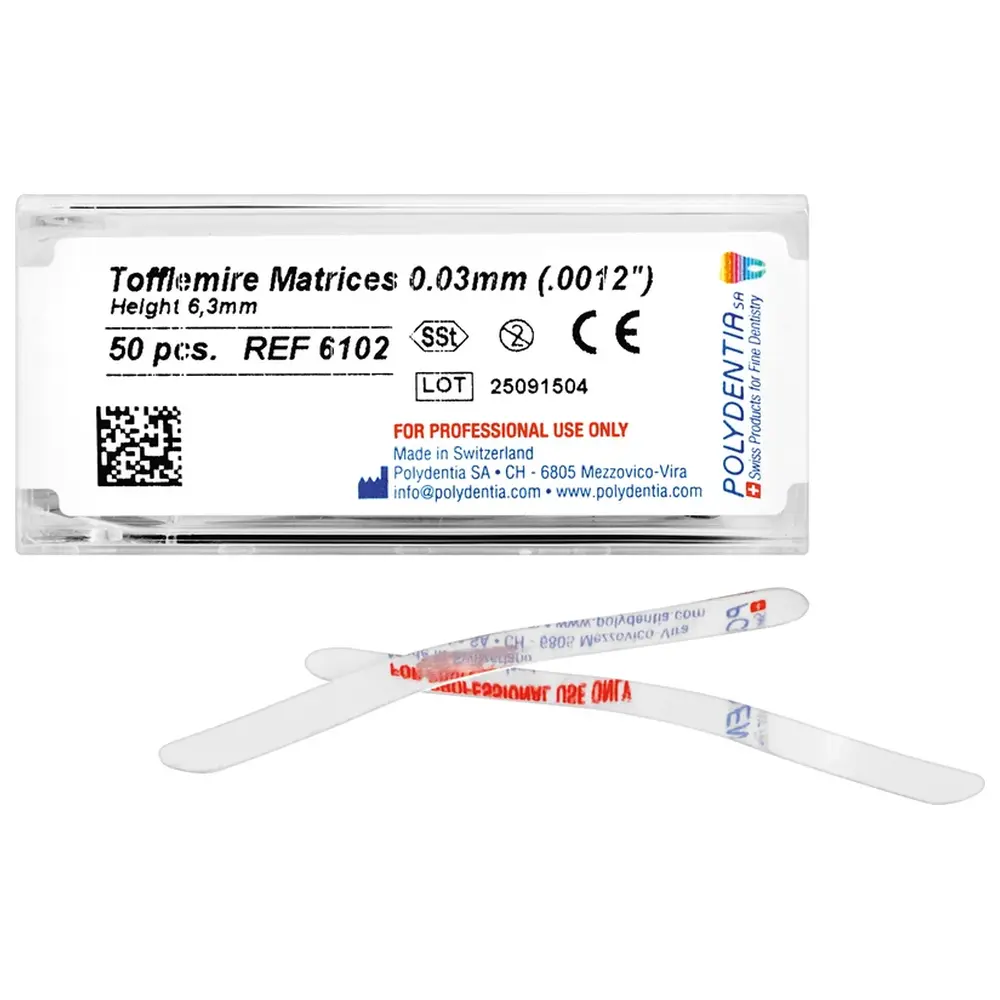 Polydentia SA Matrizen nach Tofflemire - Packung 50 Stück Höhe 6,3 mm, Stärke 0,03 mm, Molar