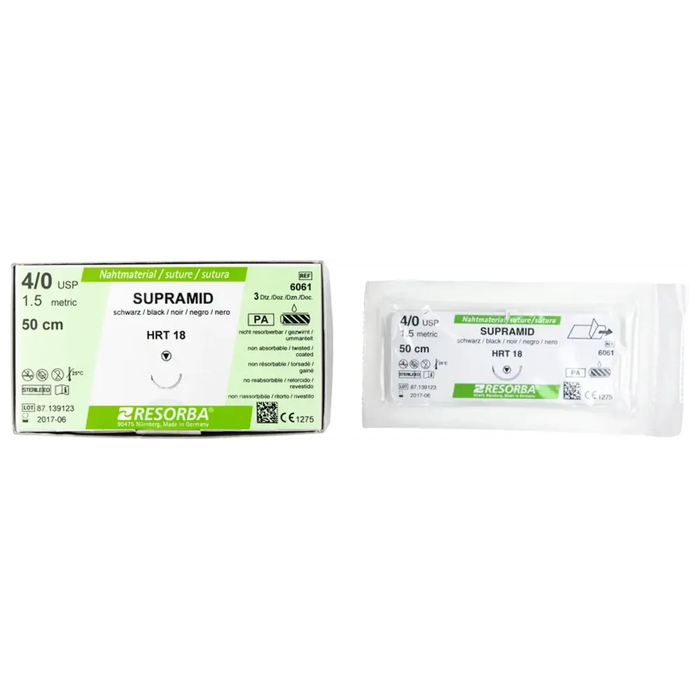 Resorba Medical RESORBA® Supramid - Packung 36 Stück, schwarz, 50 cm, HRT 18, USP 4/0