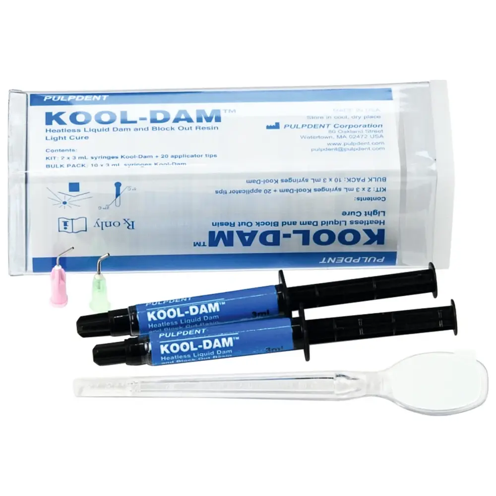 PULPDENT Kool-Dam™ - Kit 2 x 3 ml Spritze, 20 x gebogene Aufsätze (10 x 18 ga, 10 x 20 ga)