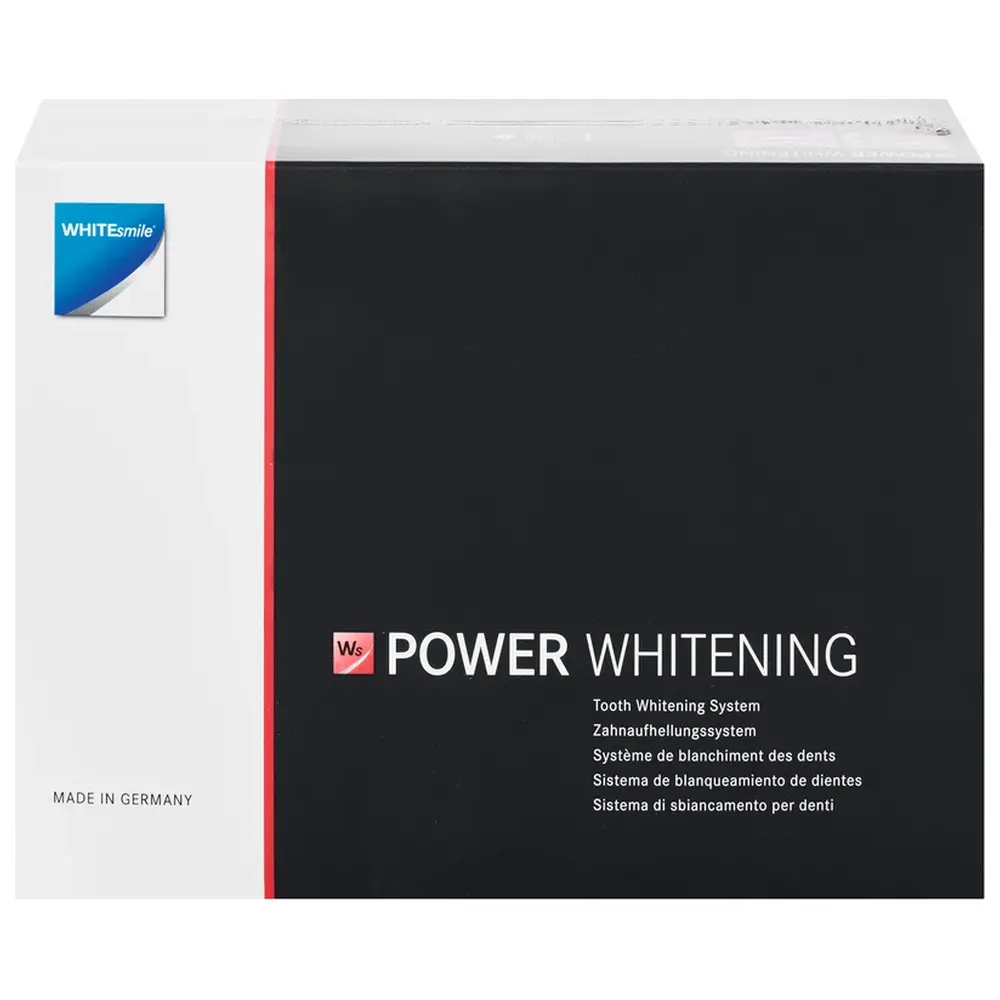 WHITEsmile POWER WHITENING YF 40% - 2-Patienten-Kit 6 x 2,5 ml Spritze gelb, 3 x 3 g Gingiva Protector, 3 x 3 mal After Whitening Mousse, Zubehör