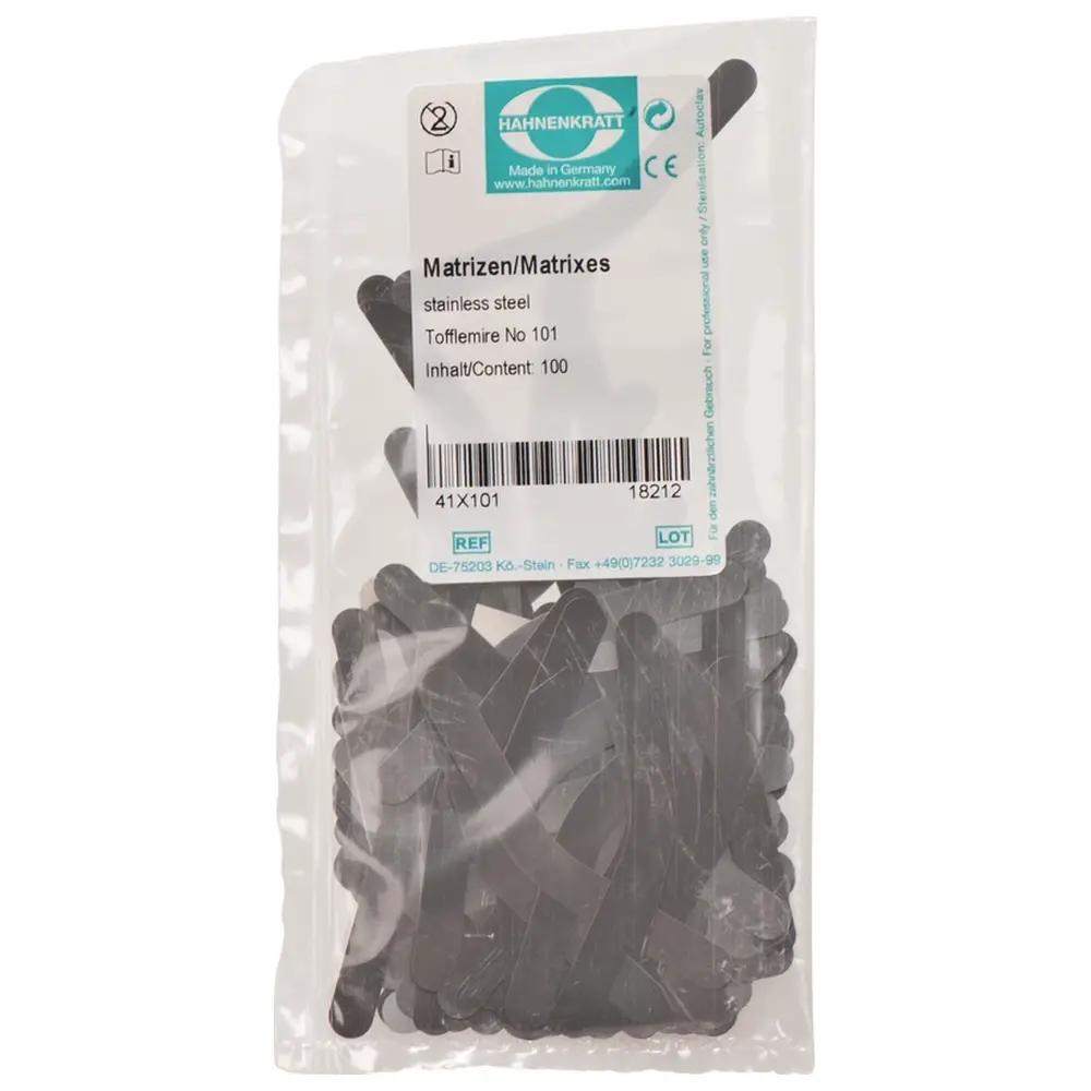 HAHNENKRATT Matrizen nach Tofflemire - Packung 100 Stück Stärke 0,04 mm Nr. 101 HAHNENKRATT Matrizen nach Tofflemire - Packung 100 Stück Stärke 0,04 mm Nr. 101