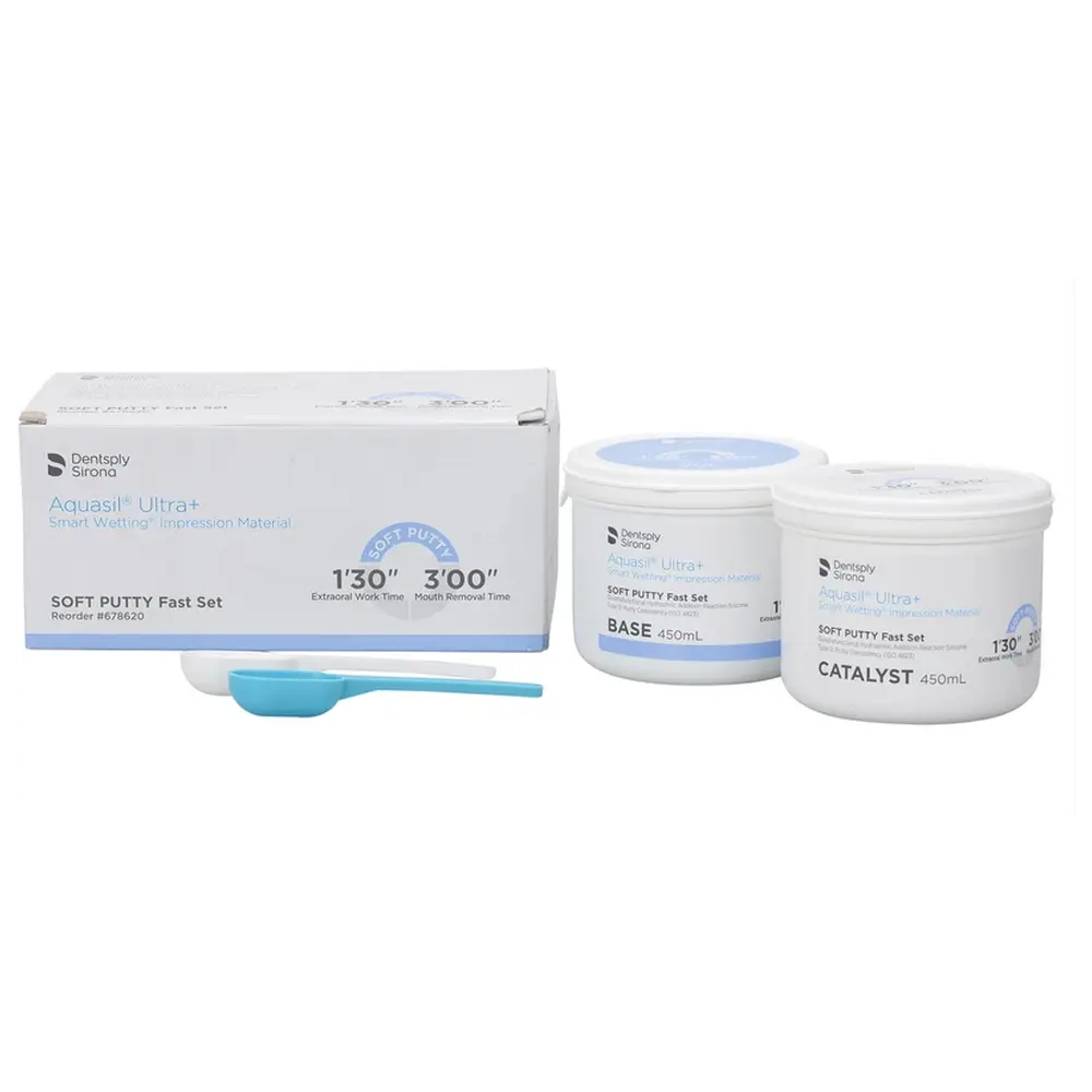 Dentsply Sirona Aquasil® Ultra+ - Packung 450 ml Katalysator, 450 ml Base, Soft Putty Fast Set, Zubehör