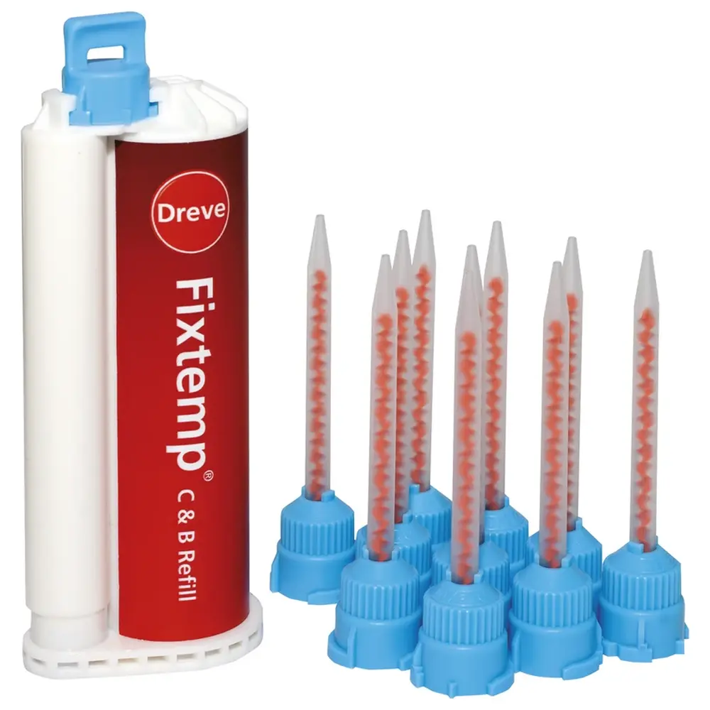 Dreve Dentamid Fixtemp C&B 4:1 - Packung 50 ml Doppelkartusche A1, 10 Mischkanülen hellblau