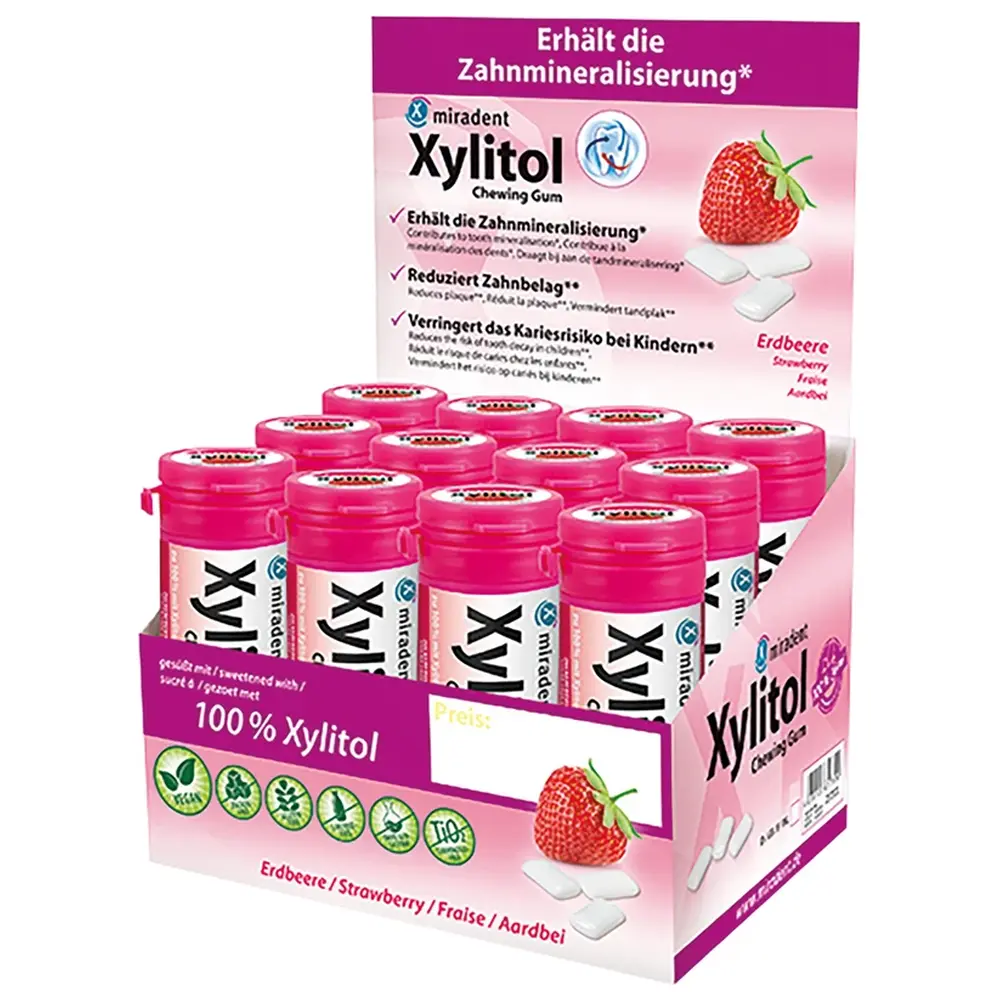 Hager & Werken Xylitol Chewing Gum - Display 12 Dosen x 30 Stück Erdbeere