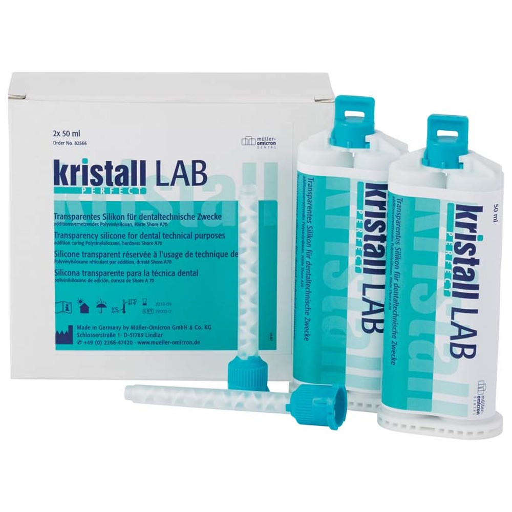 Müller-Omicron kristall® PERFECT LAB - Packung 2 x 50 ml Kartusche, 12 Mixing Tips grün