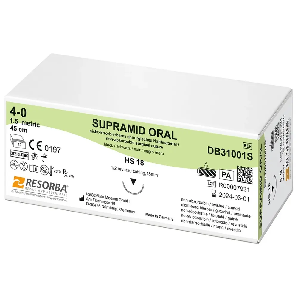 Resorba Medical Supramid oral - Packung 12 Stück, schwarz, 45 cm, HS 18, USP 4/0