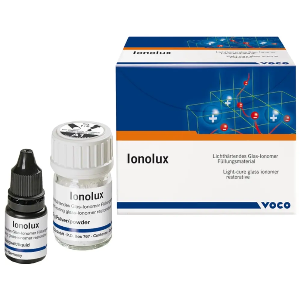 VOCO Ionolux® - Packung 12 g Pulver A1, 5 ml Flüssigkeit, 1 Anmischblock, Zubehör
