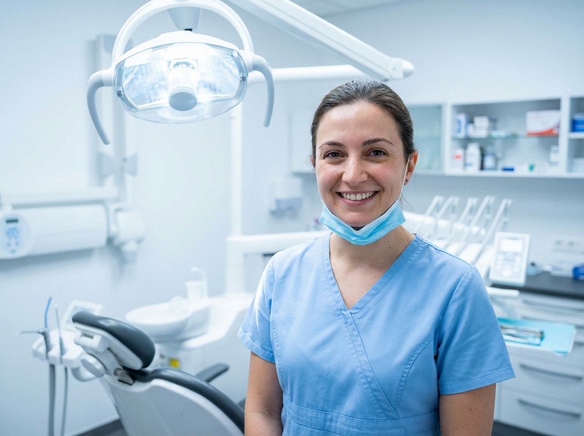 freundliche Zahnärztin in moderner Zahnarztpraxis - Kampagne Einrichtung