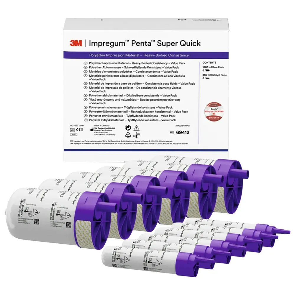 Solventum Dental Solutions Impregum™ Penta™ Super Quick - Valuepackung 6 x 300 ml Basispaste, 6 x 60 ml Katalysator Heavy Body