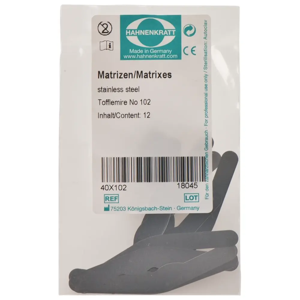 HAHNENKRATT Matrizen nach Tofflemire - Packung 12 Stück Stärke 0,04 mm Nr. 102 HAHNENKRATT Matrizen nach Tofflemire - Packung 12 Stück Stärke 0,04 mm Nr. 102