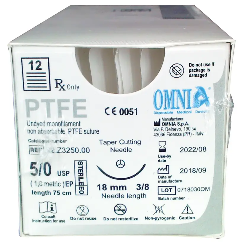Omnia S.p.A. PTFE 5/0 Nahtmaterial 75cm 18mm diam.3/8 kreisförmig Pa 12 Omnia S.p.A. PTFE 5/0 Nahtmaterial 75cm 18mm diam.3/8 kreisförmig Pa 12